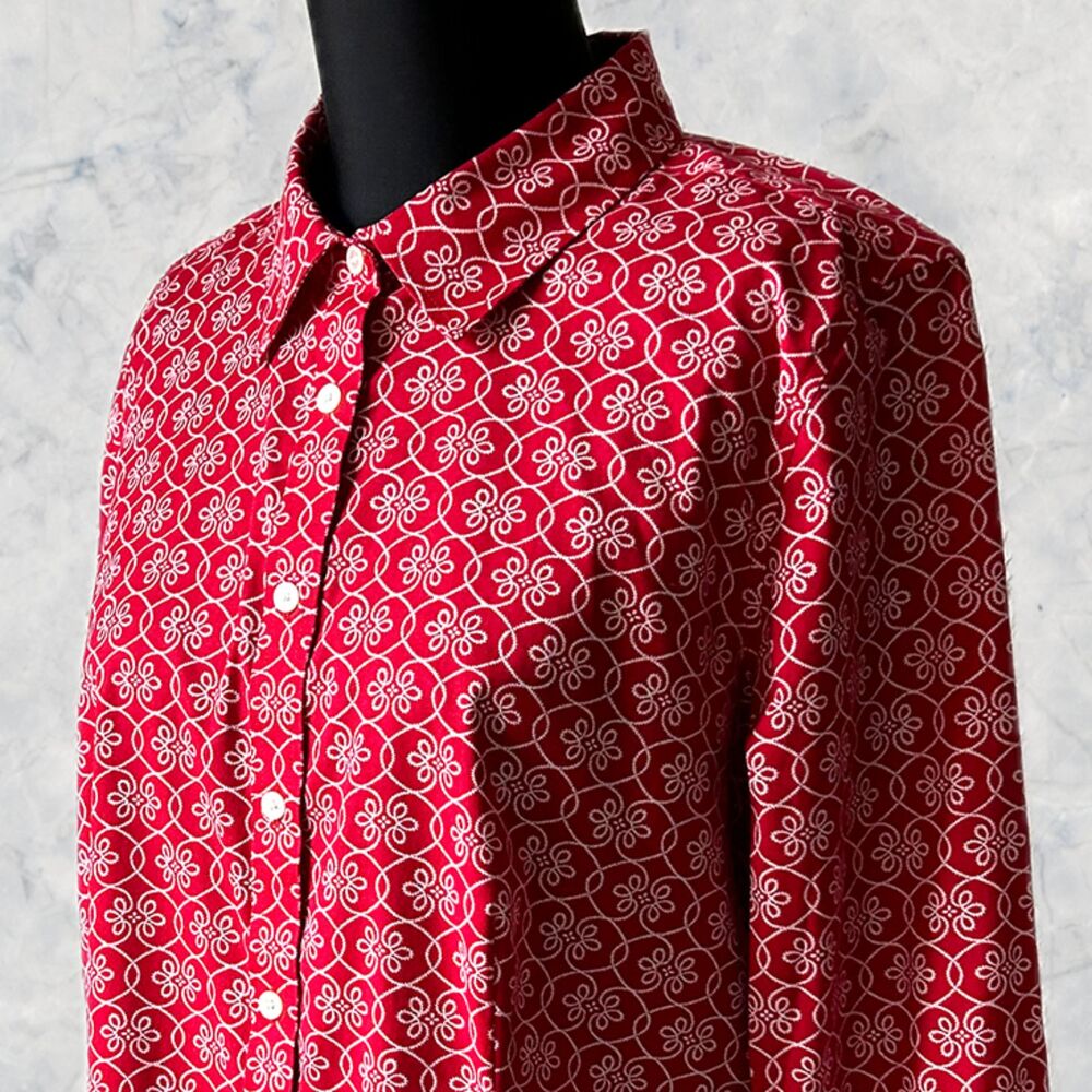 Red & White Shirt Women's 10 Wrinkle Resistant Collared Long Sleeve Talbots